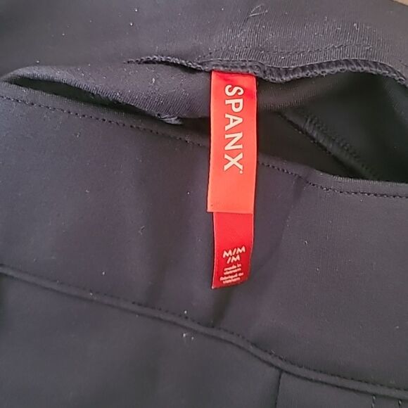 SPANX smooth PerfectFit Ponte Flare Pants Navy Blue Med High Rise Pull On Pleat - Picture 3 of 9